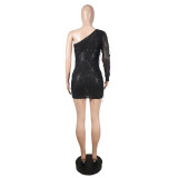 Sexy Single Sleeve Sequin Fringed Party Club Bodycon Dress