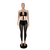 Sexy Black PU Leather Halter Lace-Up Crop Top & Mesh See-Through Pants Two Pieces