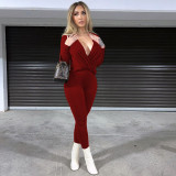 Solid V-Neck Wrap Ruched Loose Long Sleeve Top and Tight Pants Two Piece Set