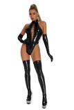 Patent Pu Leather Lingerie Crotchless Halter Hollow Out Bodysuit (without Gloves + Stocking)