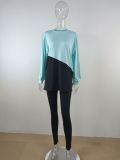 Women's Two Tone Casual Colorblock Long Loose Slit Top and Tight Pants Set