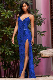Blue Sexy Cami Slit Sequin V-Neck Evening Dress