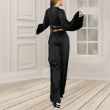 Solid Long Sleeve Wrap Top Straight Pants Casual Two Piece Set