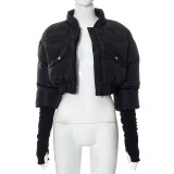 Winter Women's Solid Pocket Patchwork Zipper Short Padded Jacket