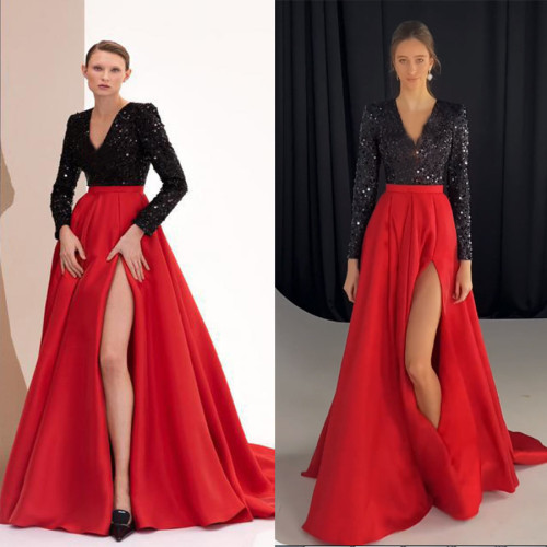 Sequin Black and Red Split V-Neck Long Sleeve Maxi Evening Dress