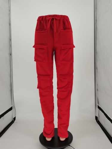 Womens Red Pockets Casual Pants