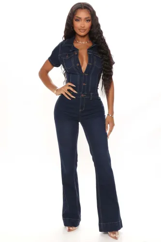 Short Sleeve Dark Blue Sexy Denim Flare Jumpsuit