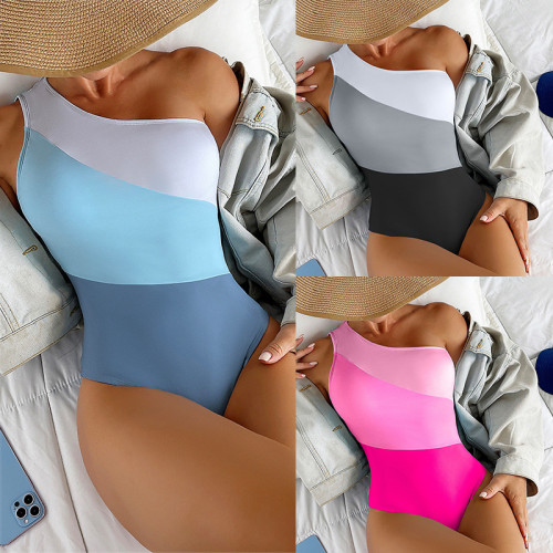Color Block One Shoulder Sexy One-Piece Swimsuit