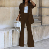 Women's Solid Blazer + Flare Pants Suit Two Pieces