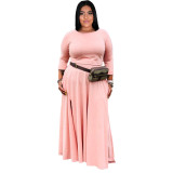 Plus Size Solid Two Piece Set Full Sleeve Top Pocket Slit Long Skirt