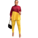 Women's Two Tone Casual Colorblock Long Loose Slit Top and Tight Pants Set
