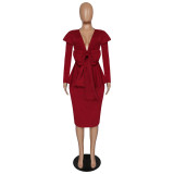 Plus Size Burgundy Deep V Neck Peplum Midi Dress