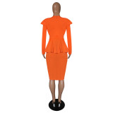 Plus Size Orange Deep V Neck Peplum Midi Dress