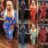 Christmas Print Red Hooded Pajamas Jumpsuit Loungewear