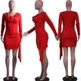 Women Solid Long Sleeve V-Neck Irregular Sexy Dress