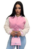 Patchwork Baseball Jacket with Sherpa Sleeve for Women