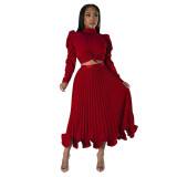 Solid Puff Sleeve Blouse +Ruffle Pleated Skirt Two-Piece Set