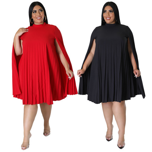 Plus Size Solid Cape Sleeve Pleated Dress