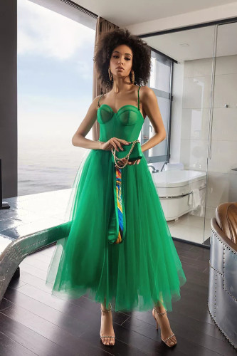 Green Cami Mesh Patchwork Prom Dress