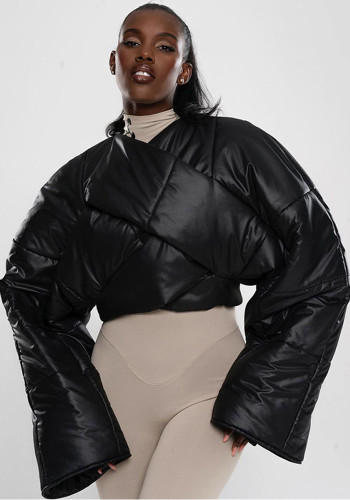 Women's Fashion Black Round Neck Cropped Padded Jacket