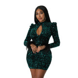 Sequin Sexy Keyhole Long Sleeve Feather Open Back Club Dress