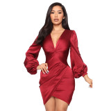 Solid Twist V-Neck Long Sleeve Sexy Satin Bodycon Dress