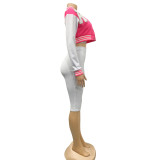Women's Three-Piece Set Trendy Long Sleeve Short Baseball Jacket +Tank+ Shorts