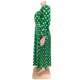 Plus Size Spot Print Long Sleeve Pleated Dress with Belt