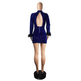 Sequin Sexy Keyhole Long Sleeve Feather Open Back Club Dress