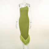 Sexy Chic One-Shoulder Strap Fur Hem Bodycon Party Dress