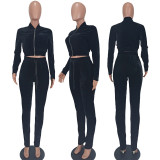 Ladies Solid Zipper Long Sleeve Crop Top Two Piece Tracksuit