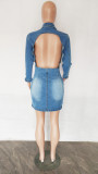 Sexy Open Back Stretchy Ripped Button Denim Bodycon Dress