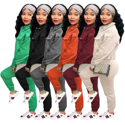 Women's Solid Button Up Casual Sports Two Piece Set