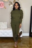 Plus Size Army Green Ruffles Sleeve Top + Pants Two-Piece Set