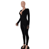 Women Sexy Long Sleeve V-Neck Velvet Black Bodycon Jumpsuit