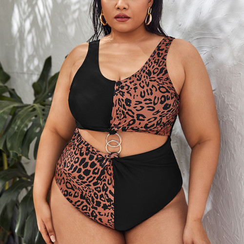 Leopard Print Patchwork Contrast O-Ring Cutout Plus Size One Piece Swimsuit
