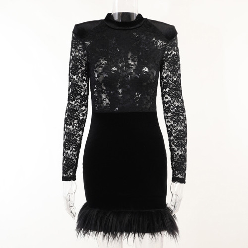 Black Sexy Lace Bodice See-Through Velvet Bodycon Dress