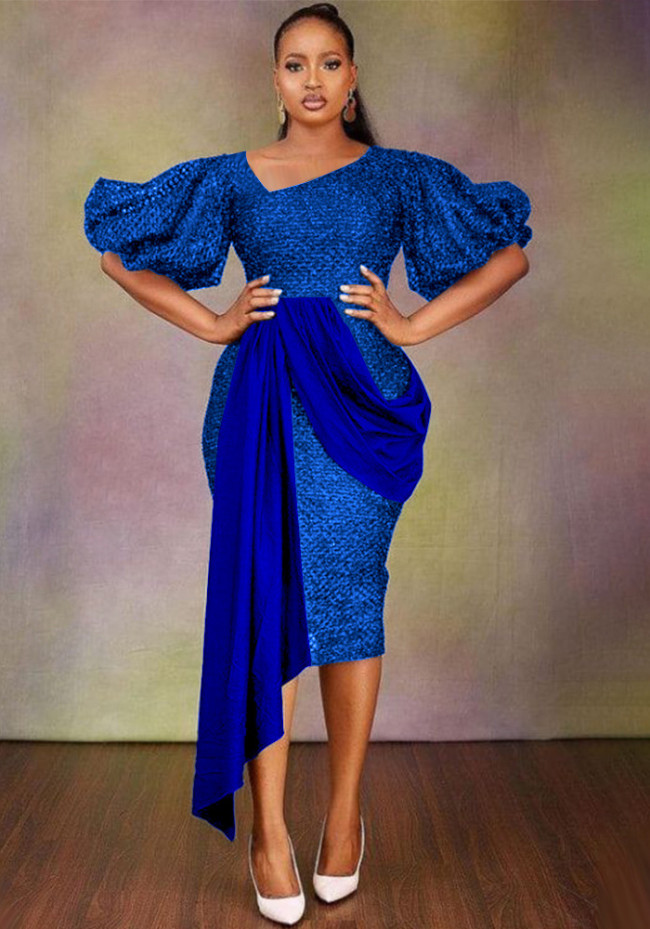 Asymmetric Fashion Puff Sleeve Patchwork Plus Size Party Dress