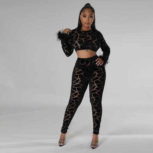 Sexy Two Piece Set Long-sleeved Crop top with slim pencil pants