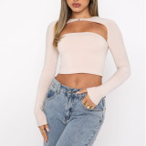 Solid Long Sleeve Shrug and Bandeau Two Piece Top
