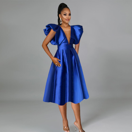 Blue Plunge Sexy Ruffles A-Line Women's Party Dresses