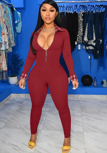 Women Ribbed Contrast Details Zip Up Long Sleeve Jumpsuit