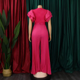 Belted Mesh Insert Sexy Pleated Wide Leg Ruffle Shoulder Jumpsuit