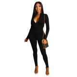 Solid Two Way Zipper Long Sleeve Tight Jumpsuit