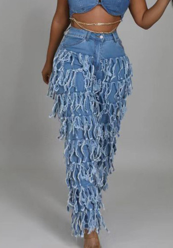 Street Style Fringe Blue Denim Pants Womens Jeans