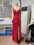 Womens Red V-Neck Straps Slit Evening Dress