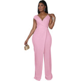 Solid V-Neck Strap Sleeveless Asymmetric Wide Leg Jumpsuit