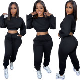 Winter Women's Round Neck Puff Sleeve Solid Crop Top Pants Tracksuit