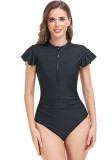Women Zip Ruffle Short Sleeve Ruched One Piece Swimwear