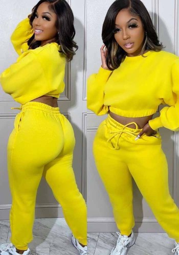 Winter Women's Round Neck Puff Sleeve Solid Crop Top Pants Tracksuit